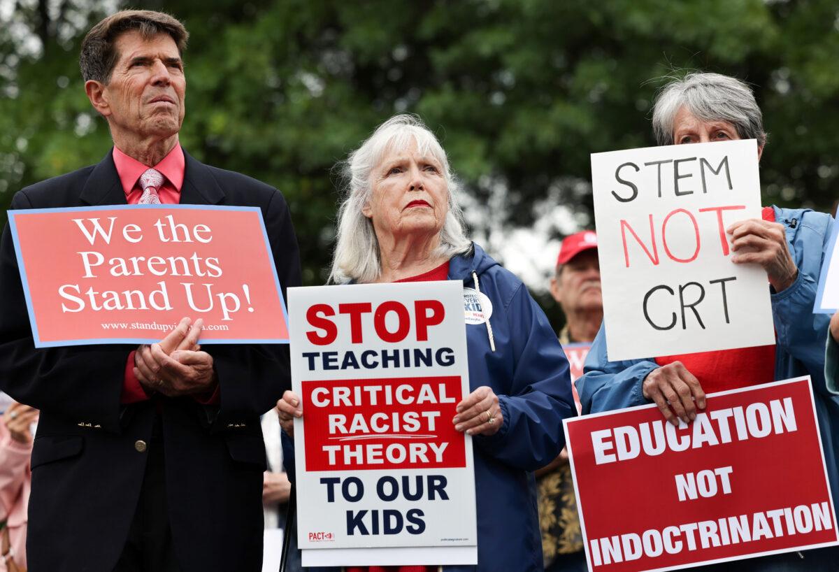 Opponents of the academic doctrine known as Critical Race Theory protest outside of the Loudoun County School Board headquarters, in Ashburn, Va., on June 22, 2021. (Evelyn Hockstein/Reuters)