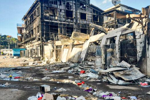 This photo shows the aftermath of a looted street in Honiara’s Chinatown, Solomon Islands, on Nov. 27, 2021. (Piringi Charley/AP Photo)