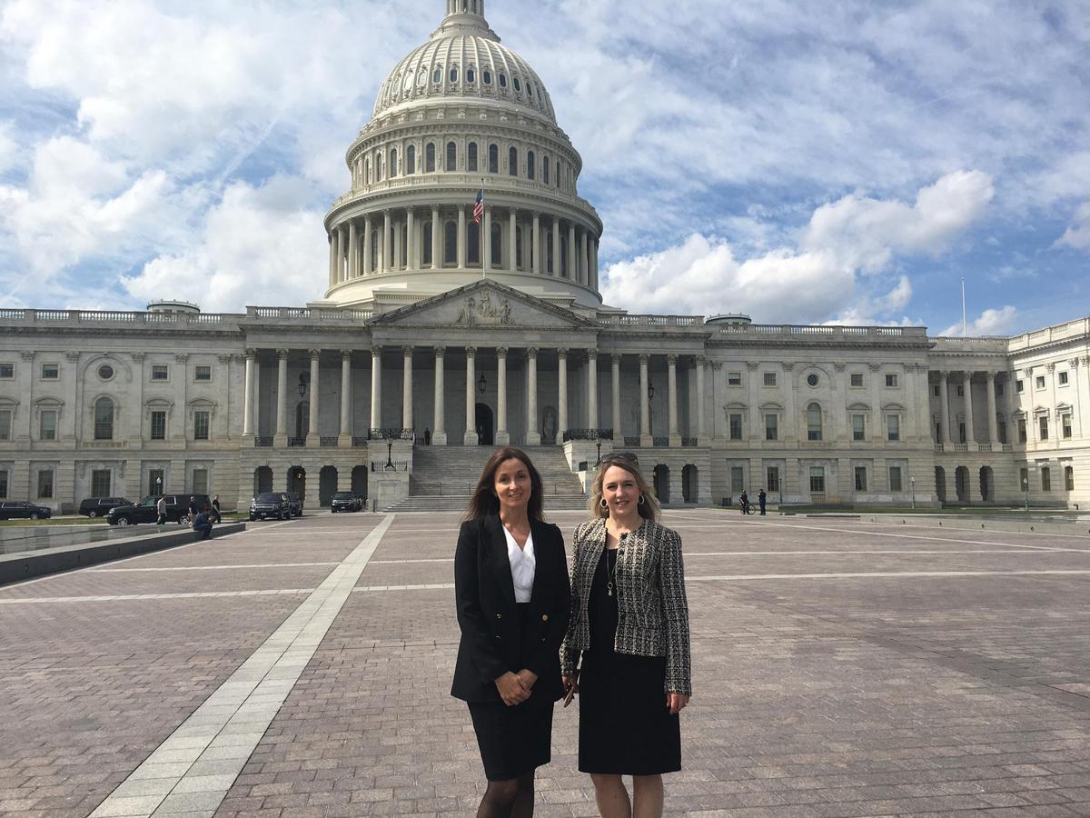 Susie Hughes (L), executive director of ETAC, and Kristina Olney, VOC’s director of government relations, outside Capitol Hill, Washington D.C., where ETAC co-sponsored VOC’s Policy Forum on Organ Procurement and Extrajudicial Execution in China, on March 10, 2020. (Courtesy of <a href="https://endtransplantabuse.org/">ETAC</a>)