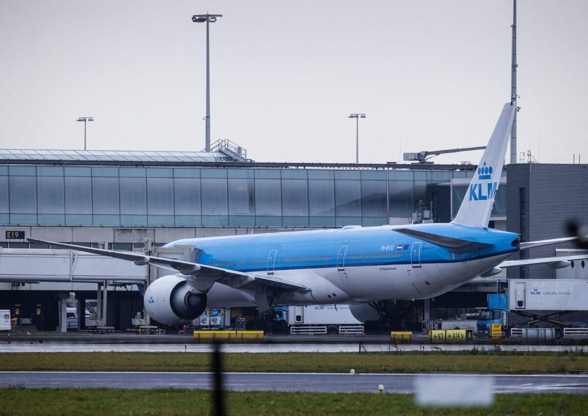 A KLM airplane landed from Johannesburg, South Africa, is parked at the gate E19 at the Schiphol Airport, the Netherlands, on Nov. 27, 2021. (Sem Van Der Wal/ANP/AFP via Getty Images)