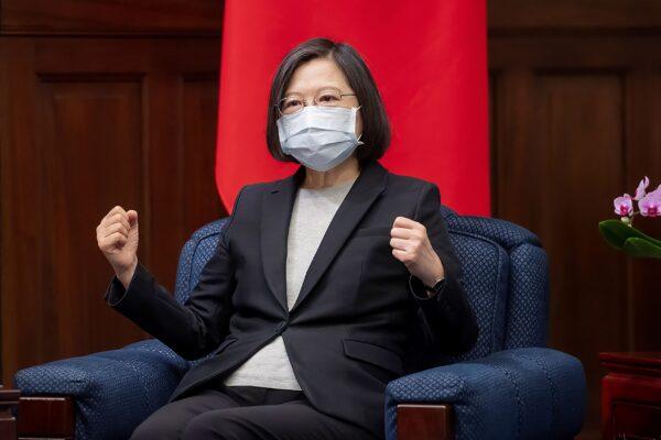 Taiwanese President Tsai Ing-wen during a meeting with lawmakers from Baltic states at the Presidential Office in Taipei, Taiwan on Nov. 29, 2021. (Taiwan Presidential Office via AP)