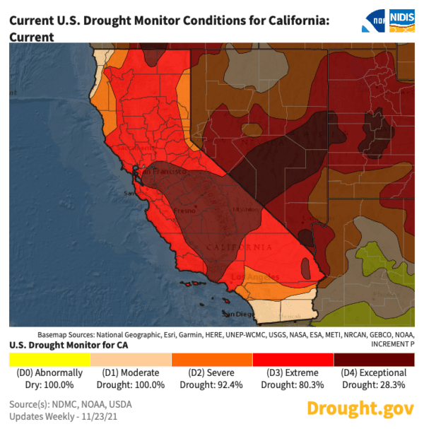 This U.S. Drought Monitor map shows drought conditions across California using a five-category system, from Abnormally Dry (D0) conditions to Exceptional Drought (D4), on Nov. 23, 2021. (Courtesy of the National Integrated Drought Information System)