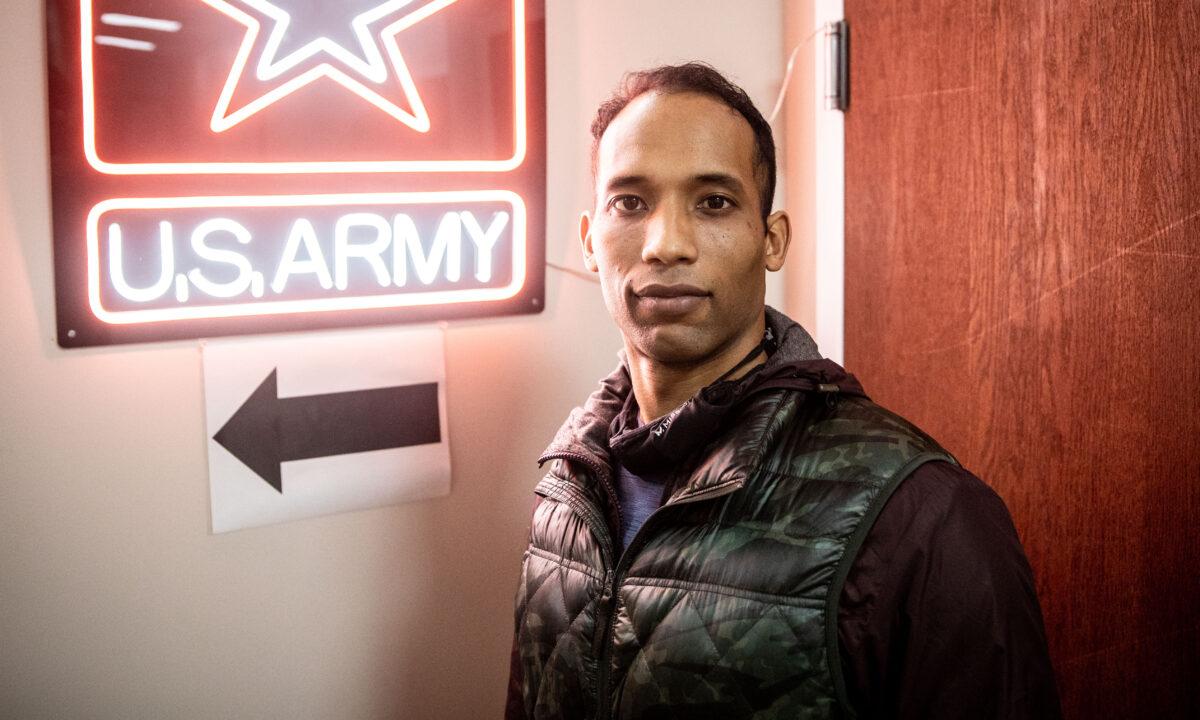 Eddie Tabar, a U.S. Army veteran who recently decided to reenlist, at the U.S. Army Recruiting Station in Washington Heights, New York City, on Nov. 19, 2021. (Petr Svab/The Epoch Times)