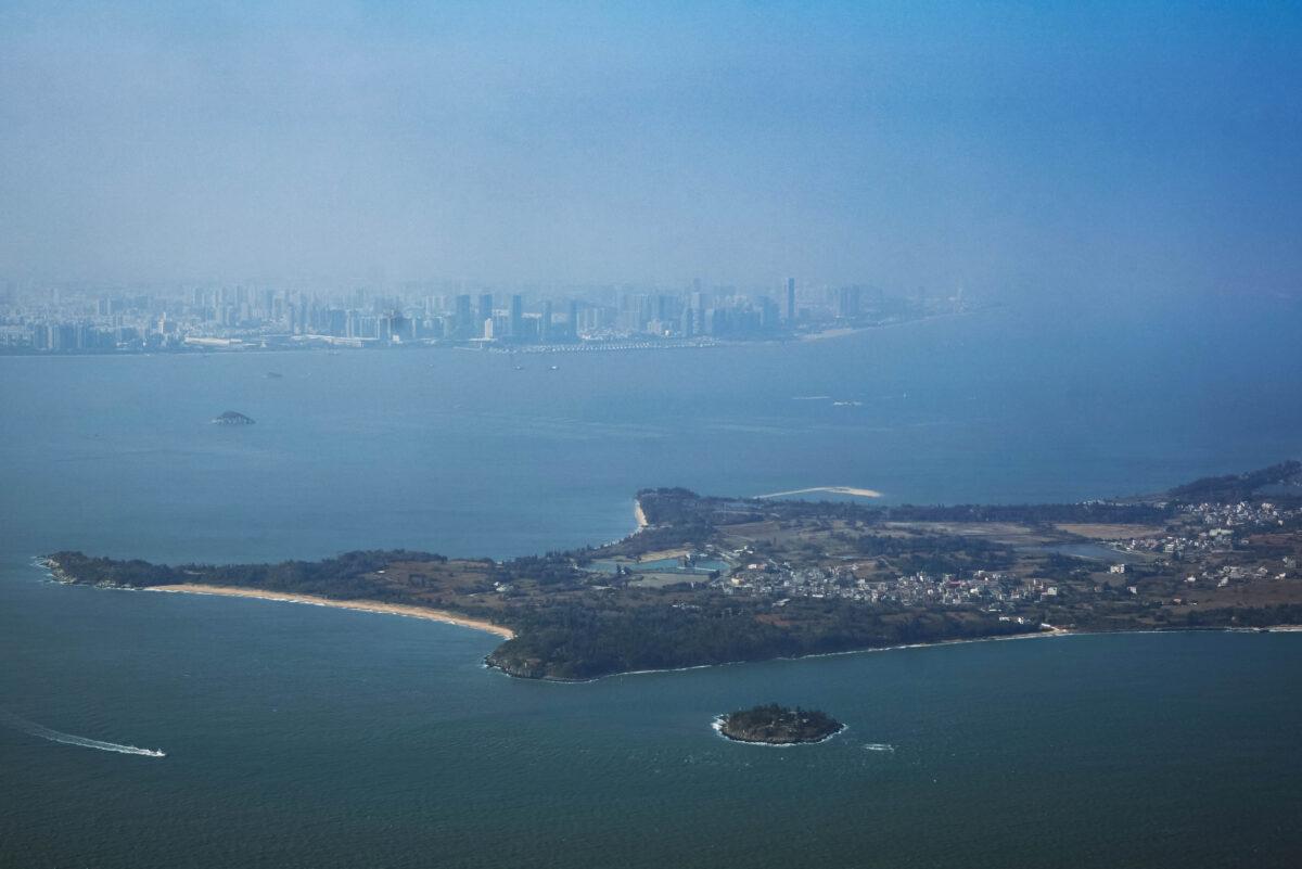 A view of the South China Sea between the city of Xiamen in China, in the far distance, and the islands of Kinmen in Taiwan, in the foreground, on February 02, 2021 as seen from the airspace above Kinmen, Taiwan. (An Rong Xu/Getty Images)