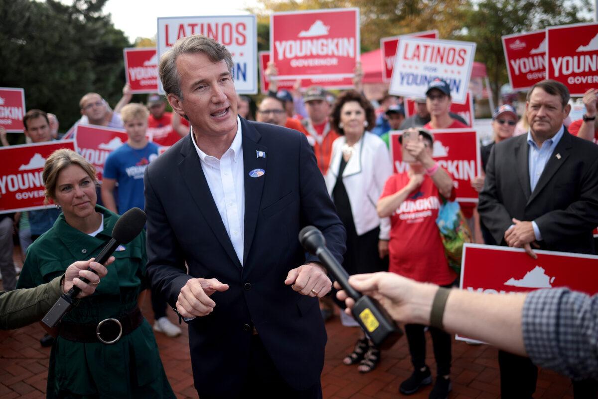 Republican gubernatorial candidate Glenn Youngkin speaks to members of the press after casting an early ballot on Sept. 23, 2021, in Fairfax, Virginia. (Win McNamee/Getty Images)