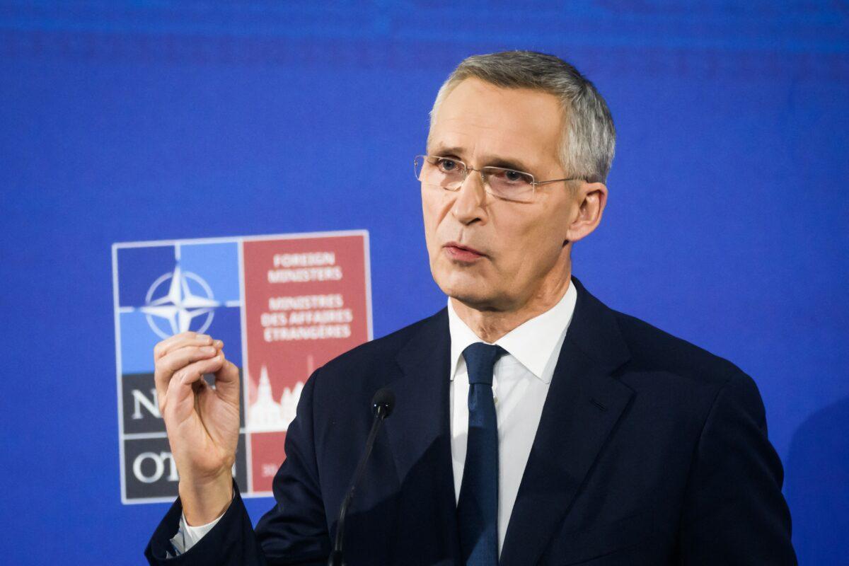 NATO Secretary-General Jens Stoltenberg addresses a press conference during a meeting of NATO foreign ministers in Riga, Latvia, on Nov. 30, 2021. (Gints ivuskans/AFP via Getty Images)