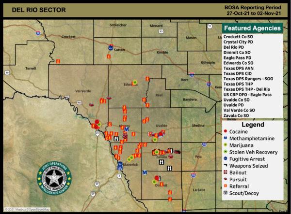 A summary of reported law enforcement actions in cross-border crime incidents in the Del Rio, Texas, area from Oct. 27 through Nov. 2, 2021, from the Texas Border Operations Sector Assessment report obtained by The Epoch Times. (Screenshot)