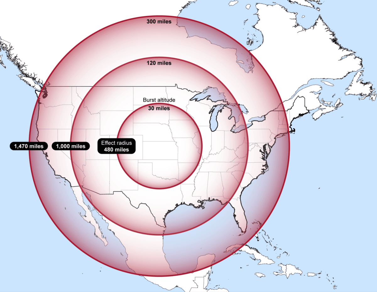 Example of estimated impact area of high-altitude electromagnetic pulse, by altitude of the burst. Source: Gary Smith, “Electromagnetic Pulse Threats,” Testimony before the House Committee on National Security (July 16, 1997) Credit: GAO-16-243