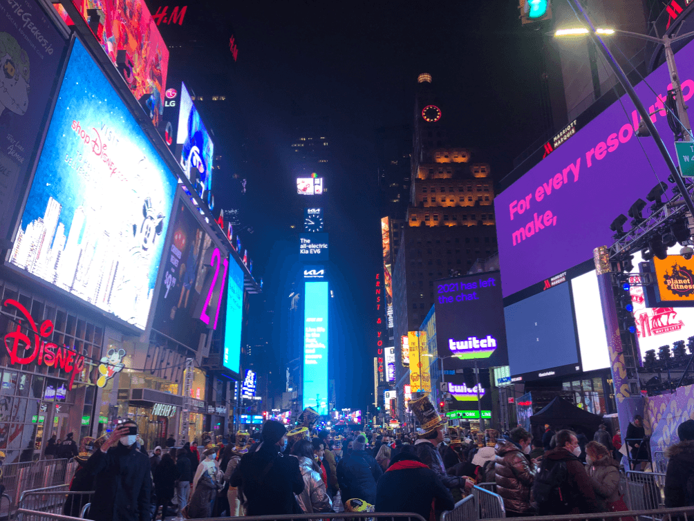 Times Square New Year's Eve 2022 in New York on Dec. 31, 2021. (Enrico Trigoso/The Epoch Times)