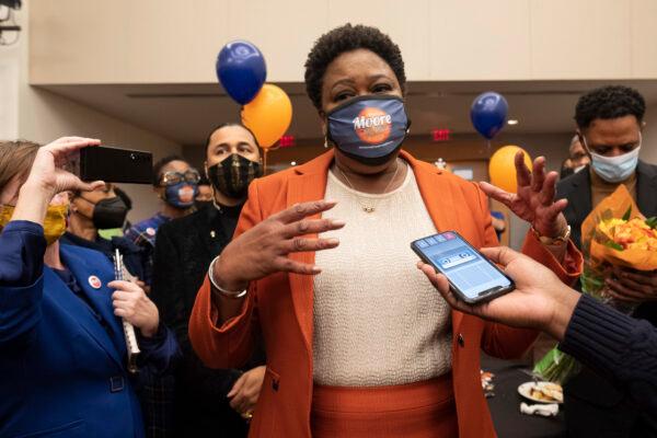 Felicia Moore, Atlanta City Council president and mayoral candidate, talks with journalists at her election night party in Atlanta, Ga., on Nov. 2, 2021. (Ben Gray/AP Photo)