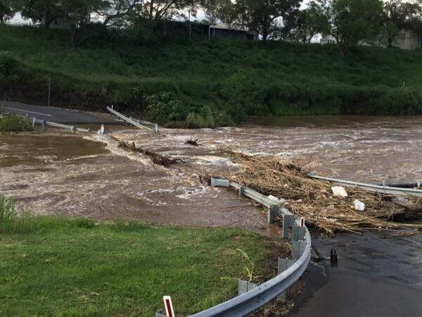 A flooded bridge is seen in Gatton, Queensland, obtained on Dec. 2, 2021. (Supplied by Queensland Fire and Emergency Services)