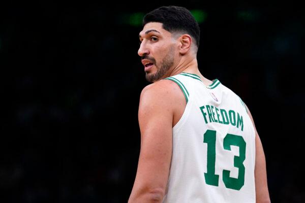 Boston Celtics center Enes Kanter Freedom, looks toward his team’s bench during the first half of an NBA basketball game, in Boston, on Dec. 1, 2021. (Charles Krupa/AP Photo)