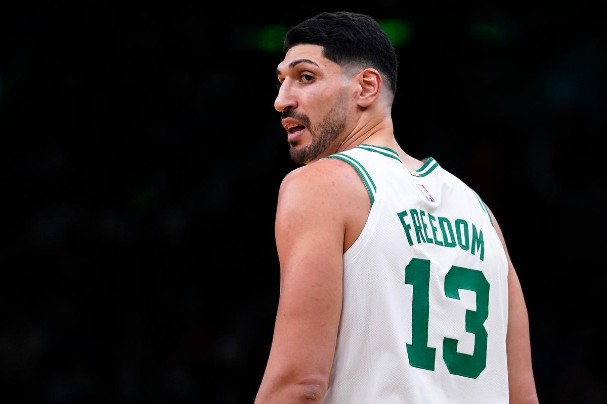 Boston Celtics center Enes Kanter Freedom, looks towards his team’s bench during the first half of an NBA basketball game, in Boston, on Dec. 1, 2021. (Charles Krupa/AP Photo)