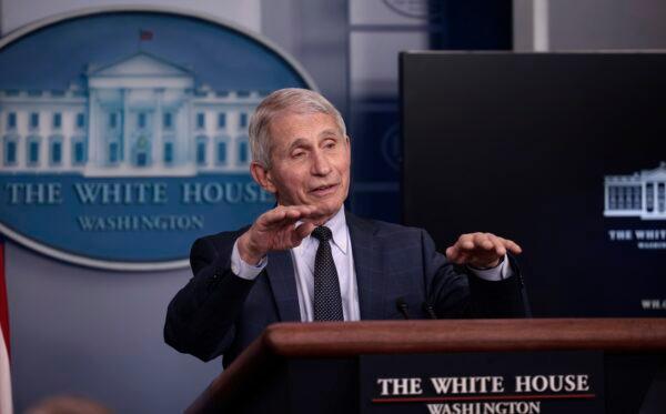 Dr. Anthony Fauci gestures as he answers a question from a reporter after giving an update on the Omicron COVID-19 variant during the daily press briefing at the White House in Washington on Dec. 1, 2021. (Anna Moneymaker/Getty Images)
