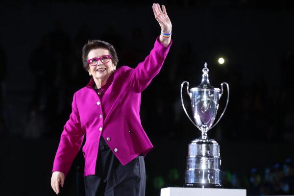 Tennis legend Billie Jean King greets public next to the Single's trophy named after her during Day 8 of the 2021 Akron WTA Finals Guadalajara at Centro Panamericano de Tenis in Guadalajara, Mexico, on Nov. 17, 2021. (Hector Vivas/Getty Images for WTA)