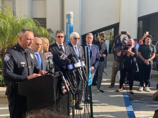 A press conference is held in front of the Beverly Hills police station on Dec. 1, 2021. (Jill McLaughlin/The Epoch Times)