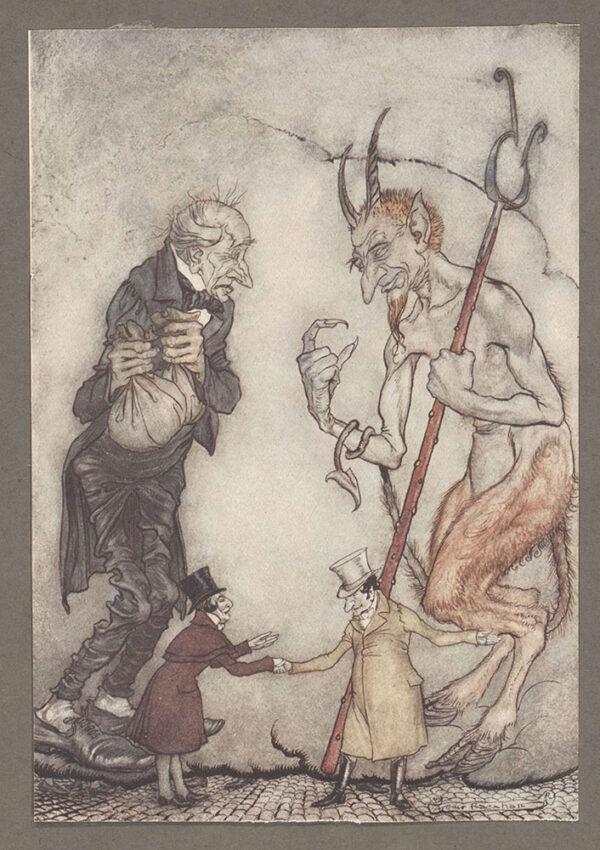 The Epoch Times article "‘A Christmas Carol’ and Overcoming Devilish Greed" explores the illustration “Old Scratch has got his own at last, hey?” 1915, by Arthur Rackham. Illustration. (Public Domain)