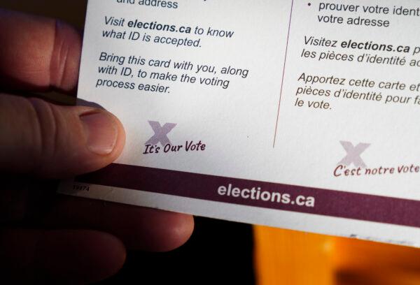 A person holds an Elections Canada voter information card after receiving it in the mail on Aug. 31, 2021. (Sean Kilpatrick/The Canadian Press)
