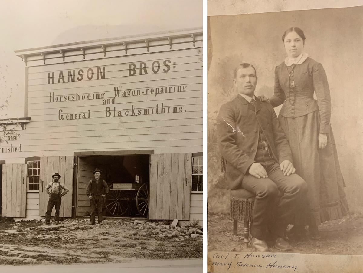 (Left) Carl Hanson and his twin brother pose in front of their blacksmith shop in a photo taken in the 1800s; (Right) Carl Isaac Hanson and his wife, who emigrated from Sweden and settled in Utah. (Courtesy of <a href="https://www.facebook.com/stan.hanson.585">Stan Hanson</a>)