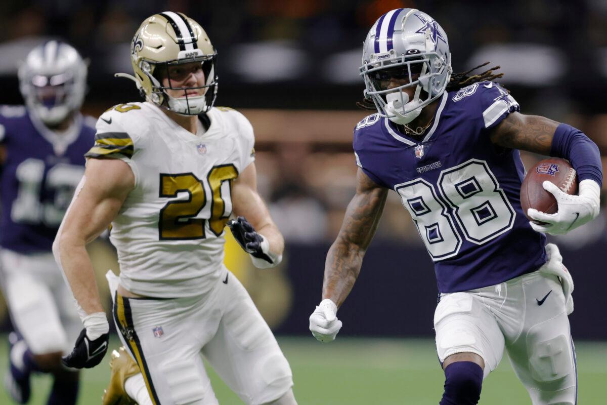 Dallas Cowboys wide receiver CeeDee Lamb (88) runs past New Orleans Saints linebacker Pete Werner (20) during the first half of an NFL football game, in New Orleans, on Dec. 2, 2021. (Brett Duke/AP Photo).
