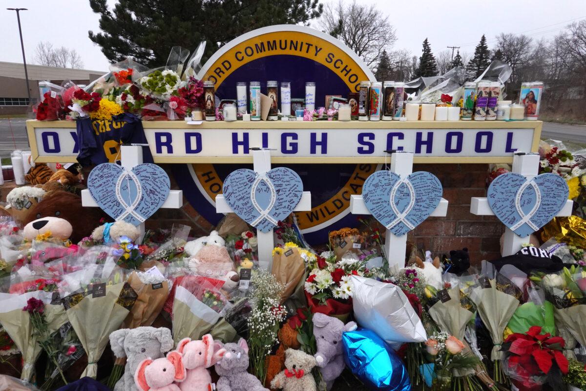 A memorial is seen outside of Oxford High School in Oxford, Mich., on Dec. 3, 2021. (Scott Olson/Getty Images)