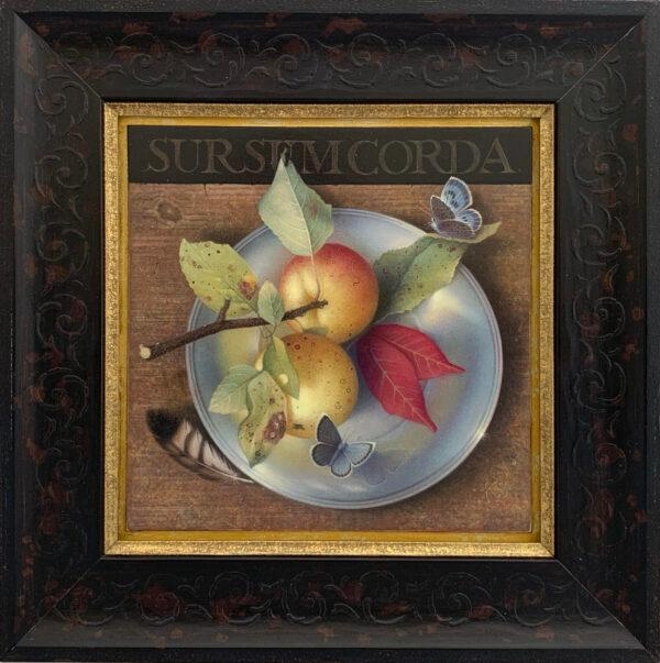 “Sursum Corda: Wild Apples and Common Blues,” by Koo Schadler. Egg tempera; 7.75 inches by 7.75 inches. (Courtesy of Collins Galleries)