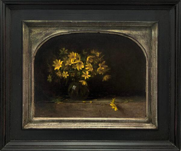 “Bearded Beggarticks in Glass Vase,” by Carmen Drake Gordon. Oil on panel; 14.5 inches by 11.5 inches. (Courtesy of Collins Galleries)