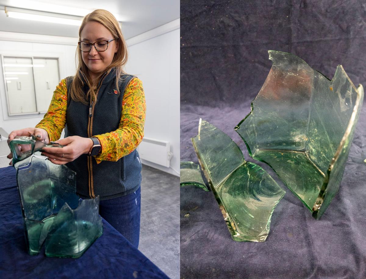 Dr. Rachel Wood holds glass pieces of an impressively-preserved hexagonal Roman jug believed to be over 1,000 years old. (Courtesy of <a href="https://mediacentre.hs2.org.uk/news/incredible-rare-roman-statues-found-in-hs2-dig">HS2</a>)