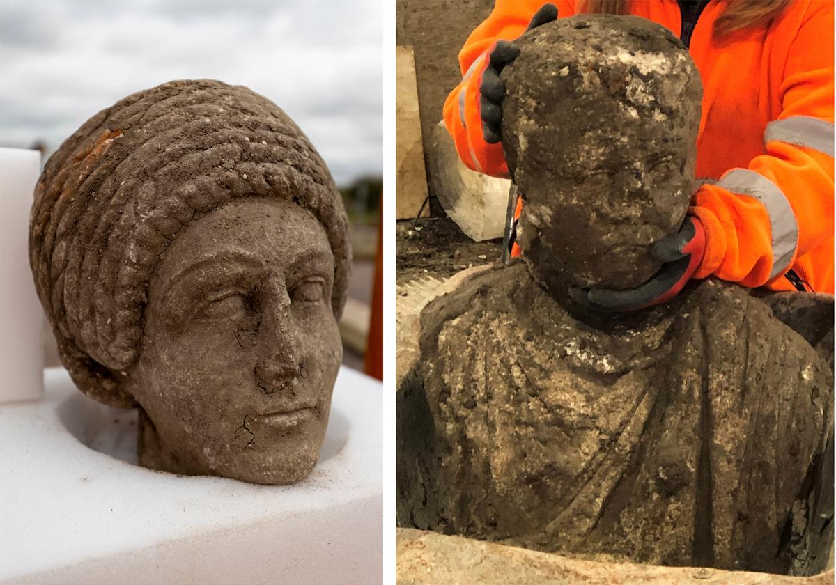 Two Roman-age adult busts of a woman and man recovered from the archeological site at Stoke Mandeville. (Courtesy of <a href="https://mediacentre.hs2.org.uk/news/incredible-rare-roman-statues-found-in-hs2-dig">HS2</a>)