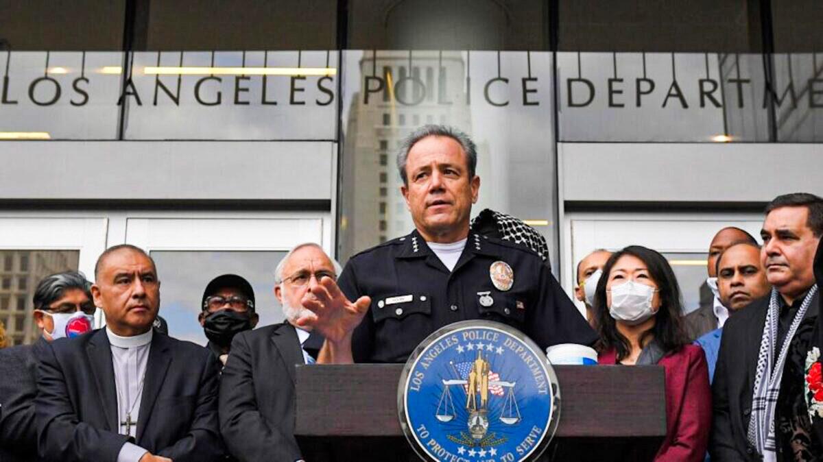 Los Angeles Police Chief Michel Moore speaks during a vigil with members of professional associations and the interfaith community at Los Angeles Police Department headquarters in Los Angeles on June 5, 2020. (Mark J. Terrill/File/AP Photo)