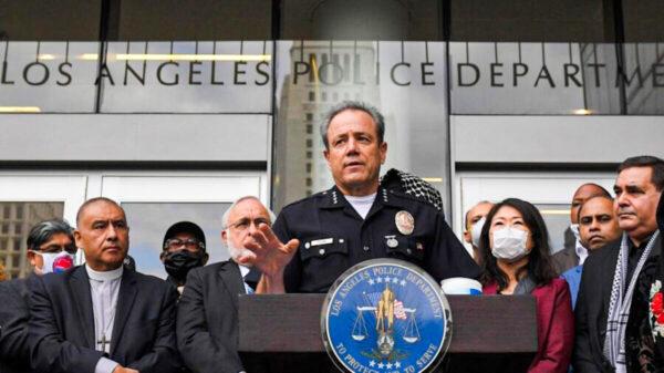 Los Angeles police chief Michel Moore speaks during a vigil with members of professional associations and the interfaith community at Los Angeles Police Department headquarters in Los Angeles, on June 5, 2020. (Mark J. Terrill/AP Photo)