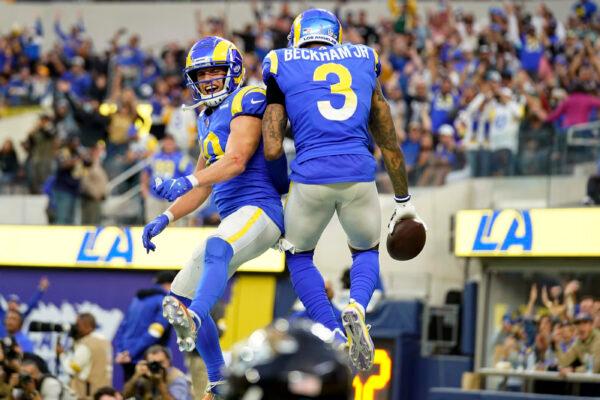 Los Angeles Rams wide receiver Odell Beckham Jr. (3) celebrates his touchdown catch with Cooper Kupp during the second half of an NFL football game against the Jacksonville Jaguars Mark J. Terrillin, in Inglewood, Calif., on Dec. 5, 2021. (Jae C. Hong/AP Photo)