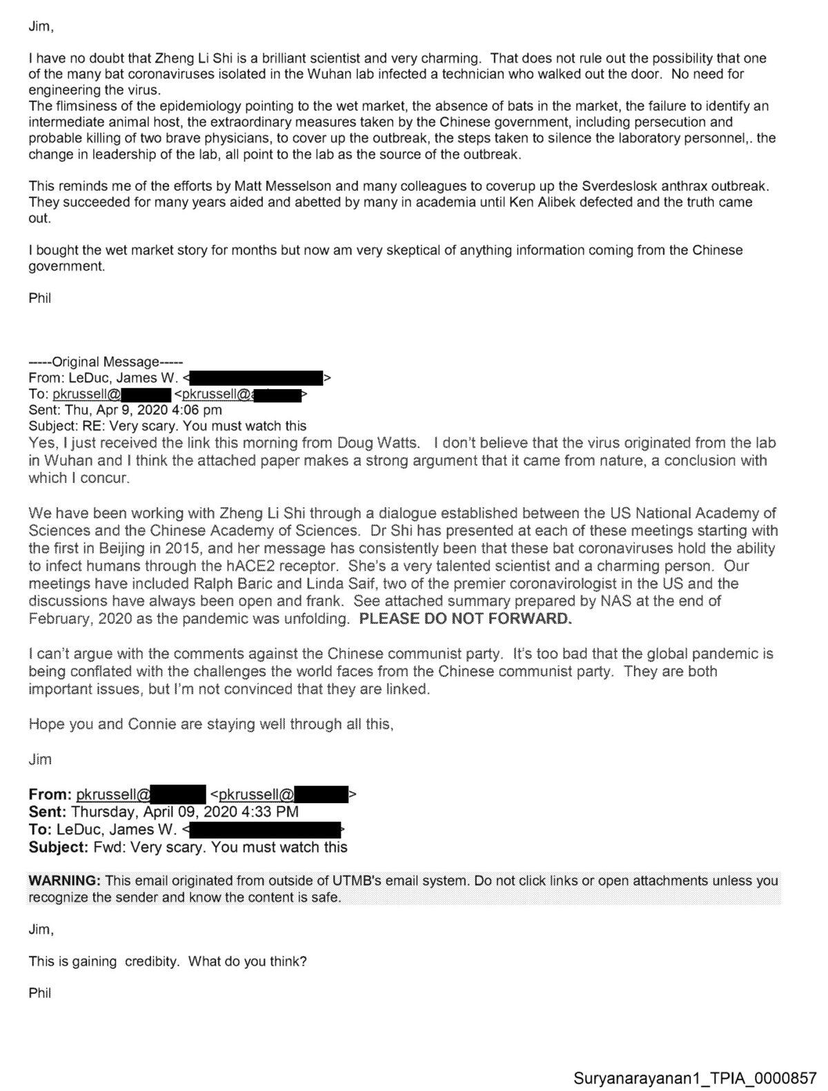 Screenshot of an email obtained by U.S. Right to Know under the Freedom of Information Act. (Email address redaction by The Epoch Times)