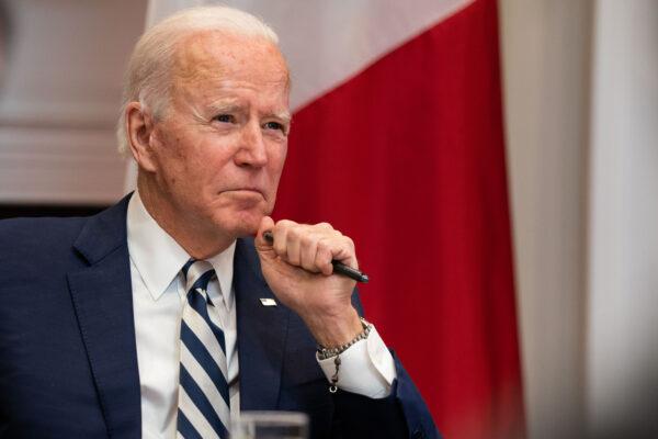 President Joe Biden looks on during a virtual meeting at the White House on March 1, 2021. (Anna Moneymaker-Pool/Getty Images)