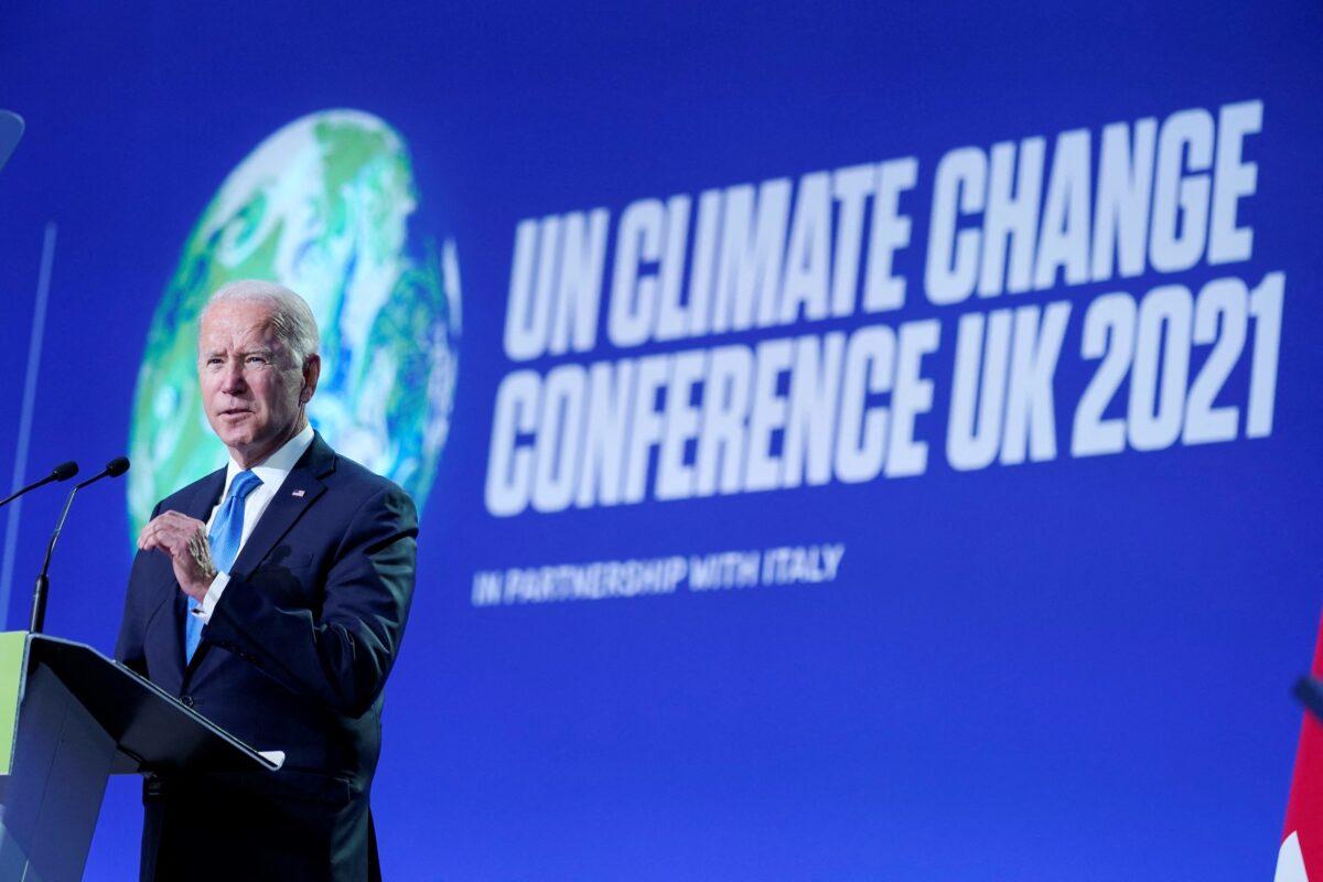 U.S. President Joe Biden delivers a speech on stage during for a meeting, as part of the World Leaders' Summit of the COP26 U.N. Climate Change Conference in Glasgow, Scotland, on Nov. 2, 2021. (Evan Vucci/POOL/Getty Images)