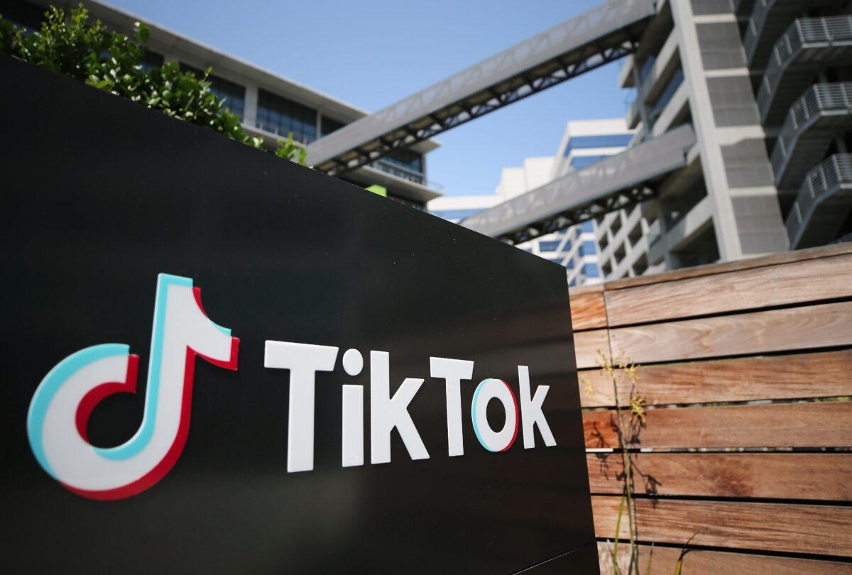 The TikTok logo is displayed outside a company office in Culver City, Calif., on Aug. 27, 2020. (Mario Tama/Getty Images)