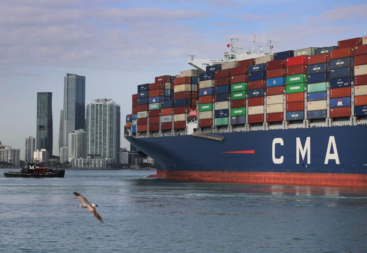 The CMA CGM Argentina container ship arrives at Port of Miami in April 2021, setting a new record for the largest container ship to ever call at a Florida port. (Joe Raedle/Getty Images)