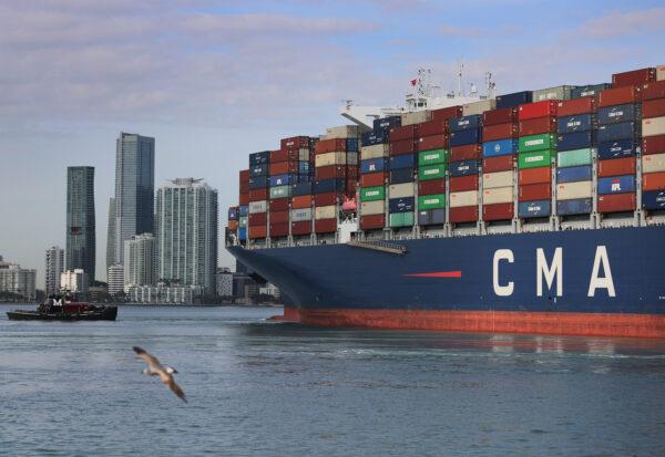 The CMA CGM Argentina container ship arrives at PortMiami in Miami on April 6, 2021. (Joe Raedle/Getty Images)