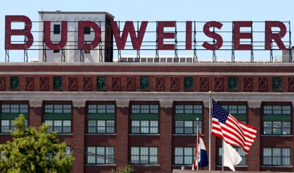 Flags fly in front of the packaging plant for Anheuser-Busch Cos. in St. Louis, Mo., on July 14, 2008. (Whitney Curtis/Getty Images)