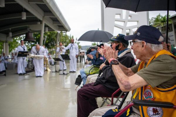 Sailors assigned to the U.S. Pacific Fleet Band perform for World War II veterans during the 80th Anniversary Pearl Harbor Remembrance concert at the Pearl Harbor Visitor Center on Dec. 5, 2021. (U.S. Navy photo by Mass Communication Specialist 2nd Class Nick Bauer)