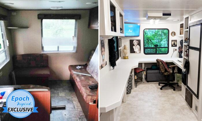 Husband Buys Old, Rusty Camper, Transforms It Into Beautiful Sewing Studio for His Wife