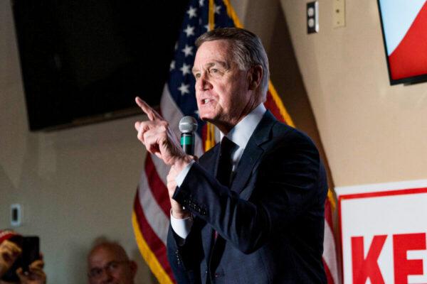 Then-Sen. David Perdue (R-Ga.) speaks at a campaign event to supporters at a restaurant in Cumming, Ga., on Nov. 13, 2020. (Megan Varner/Getty Images)