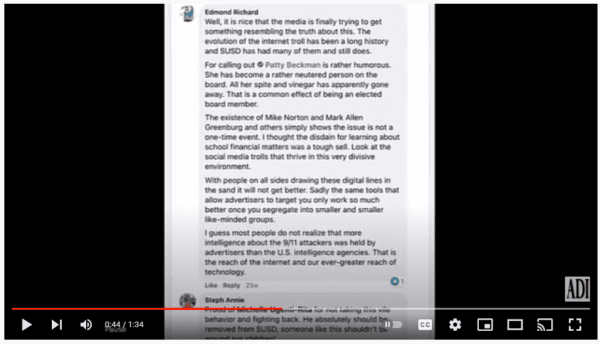 Screenshot from video made by Michael Greenburg of social media post left by Edmund Richard. After reading the post, Greenburg can be heard saying he wants Edmund "to die." (Daily Independent YouTube video from Google Dive)