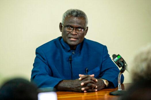 Prime Minister Manasseh Sogavare speaks at a press conference inside the Parliament House in Honiara, Solomons Islands on April 24, 2019. (Robert Taupongi/AFP via Getty Images)
