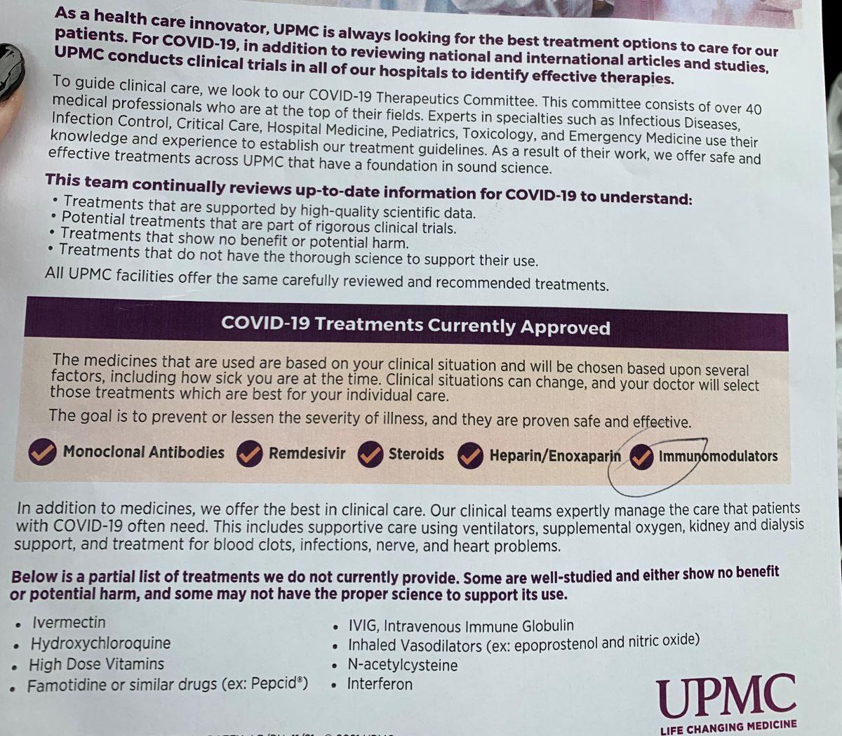 UPMC approved COVID-19 treatments. (Courtesy Darla Smith)