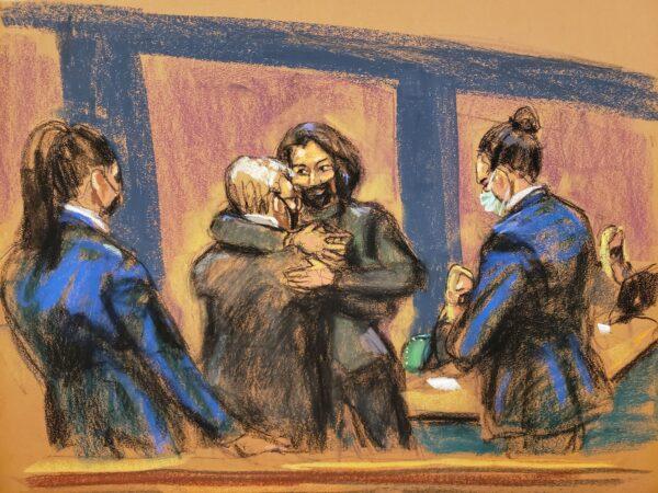 Ghislaine Maxwell hugs her lawyer Bobbi Sternheim during the trial of Maxwell, the Jeffrey Epstein associate accused of sex trafficking, in a courtroom sketch in New York City, N.Y., on Dec. 6, 2021. (Jane Rosenberg/Reuters)