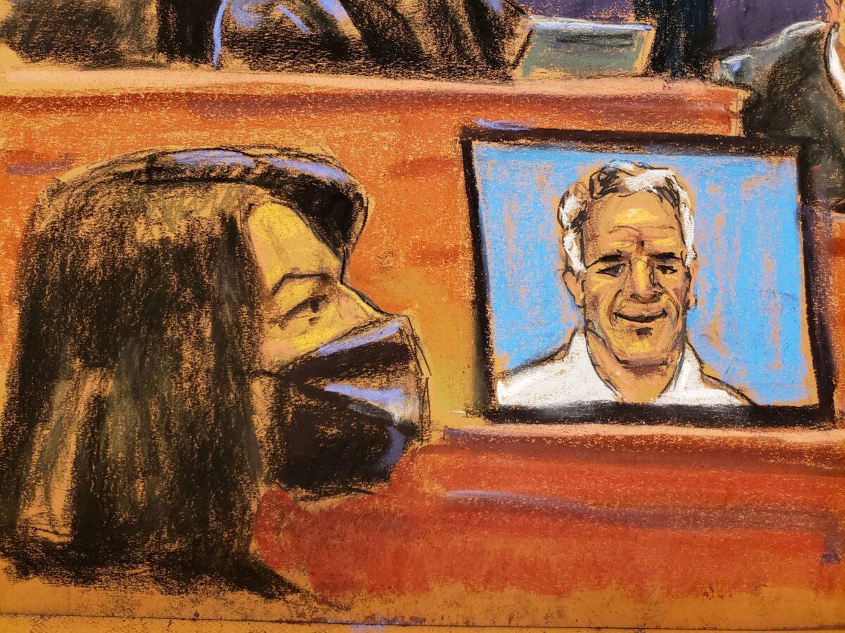 Ghislaine Maxwell, the Jeffrey Epstein associate accused of sex trafficking, attends her trial near an image of Epstein on a screen in a courtroom sketch in New York City, on Dec. 2, 2021. (Jane Rosenberg/Reuters)