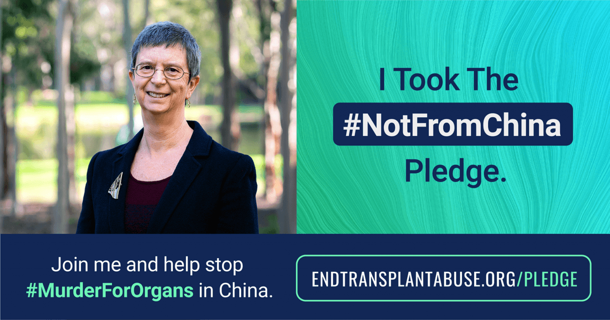 Wendy Rogers, professor of Clinical Ethics at Macquarie University, Australia, and ETAC’s Advisory Committee Chair, took the “#NotFromChina Pledge.” (Courtesy of <a href="https://endtransplantabuse.org/">ETAC</a> and J. Stephan/Macquarie University)