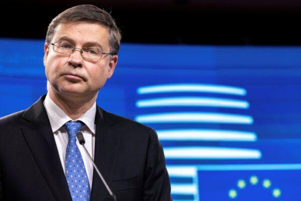 EU Trade Commissioner Valdis Dombrovskis speaks during a press conference at the Europa building in Brussels, on Dec. 7, 2021. (Olivier Matthys/AP Photo)
