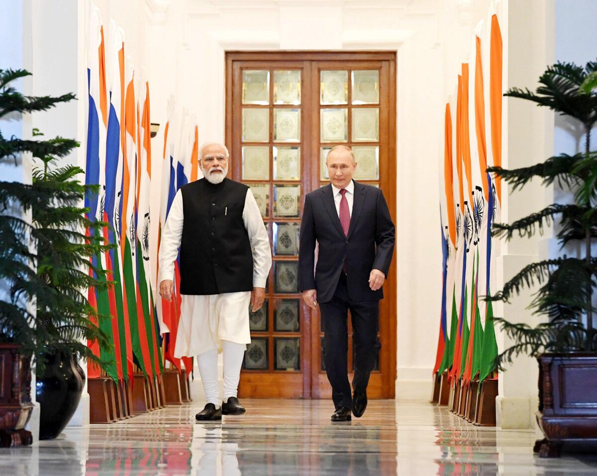 Indian Prime Minister Narendra Modi and Russian President Vladimir Putin at Hyderabad House in New Delhi, India, on Dec. 6, 2021. (Press Bureau of India)